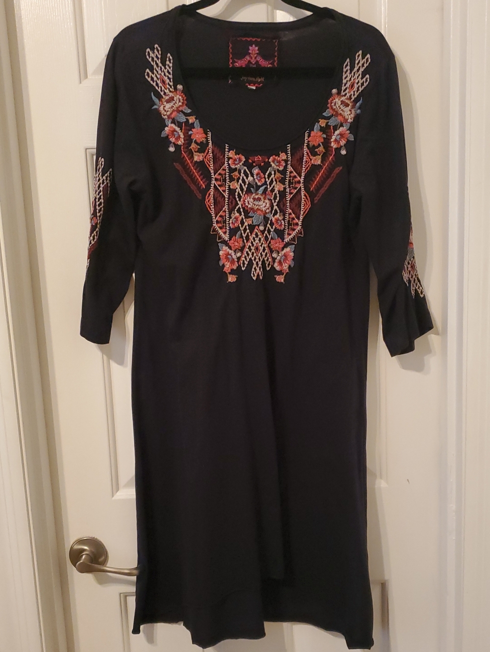 Johnny Was Black Midi Dress with Multicolor Floral Embroidery